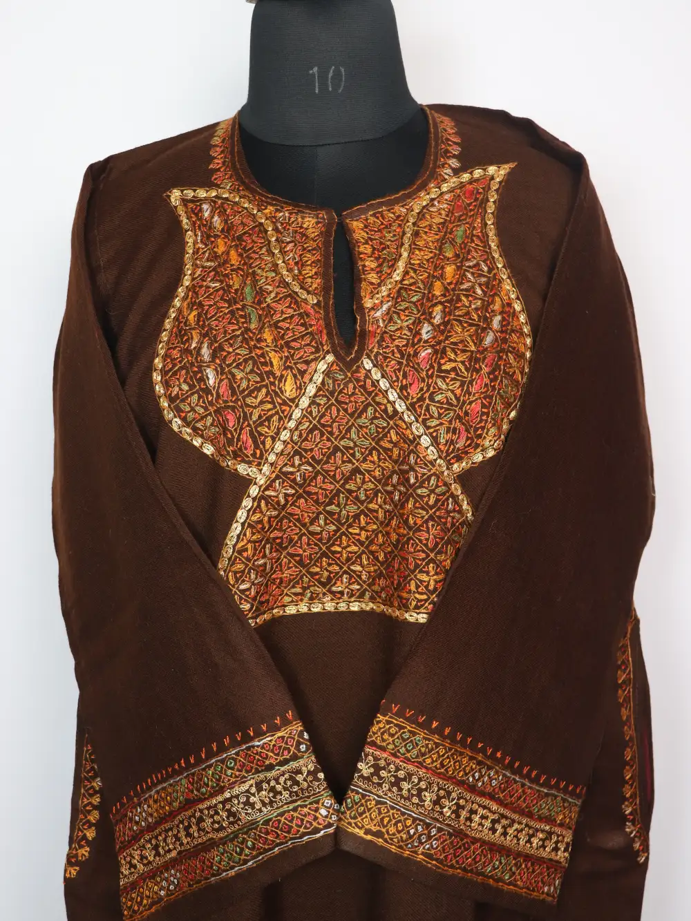 Dark Brown Raffal Wool Pheran with Hand Sozni and Tilla Work Mahnoor - Image 2