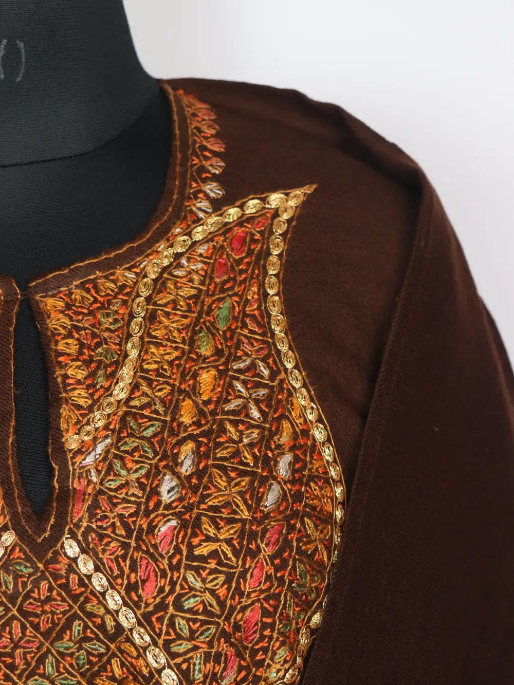 Dark Brown Raffal Wool Pheran with Hand Sozni and Tilla Work Mahnoor - Image 3