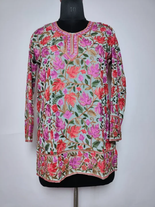 Sania Mint Green Georgette Short Kurti Embroidered with Front Back Aari