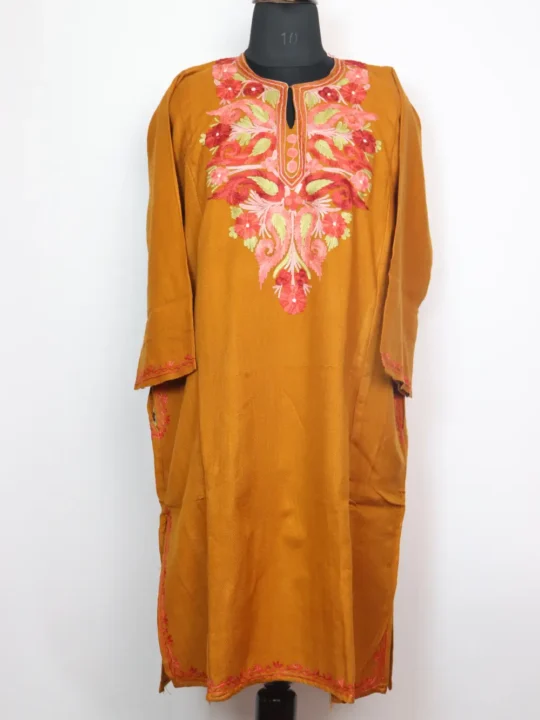 Mustard Pheran Maya in Cashmilon Wool with Aari Work