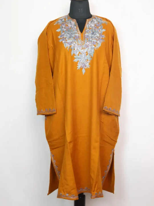 Loose Mustard Pheran Maya with Aari Embroidery in Cashmilon Wool