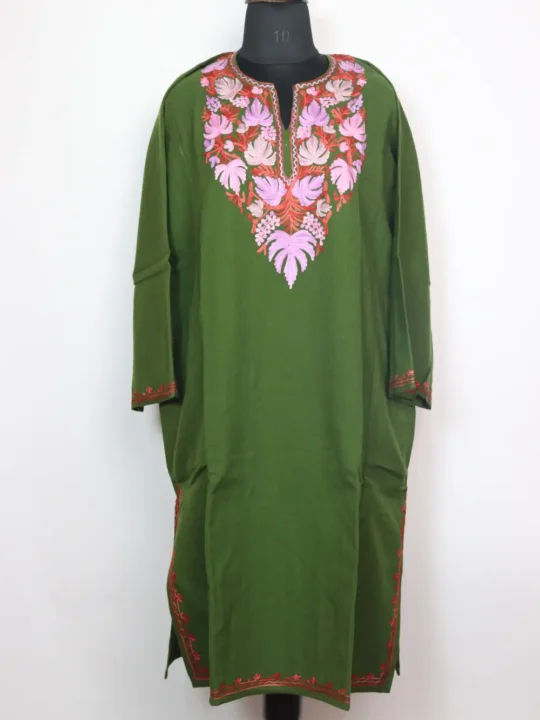 Amazon Green Pheran with Aari Embroidery in Cashmilon Wool Maya
