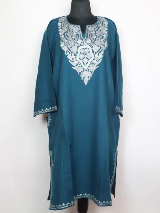 Woolen Teal Blue Pheran Maya in Cashmilon with Aari Work