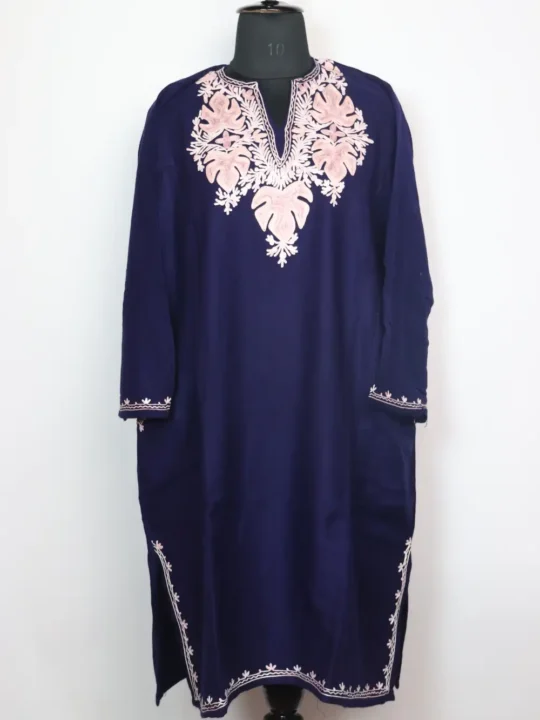 Dark Blue Woolen Loose Pheran in Cashmilon with Aari Work Maya