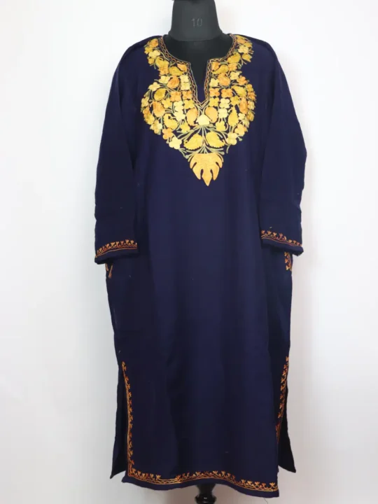 Maya Midnight Blue Pheran with Aari Embroidery in Cashmilon Wool