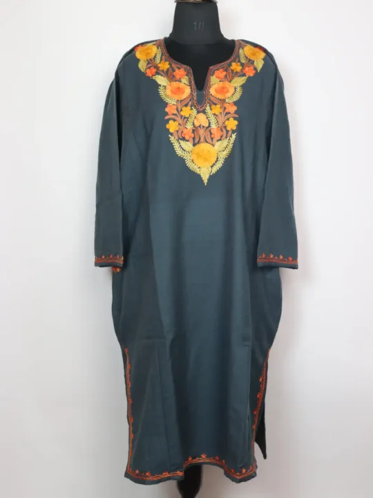 Embroidered Denim Blue Loose Pheran with Aari in Cashmilon Wool Maya