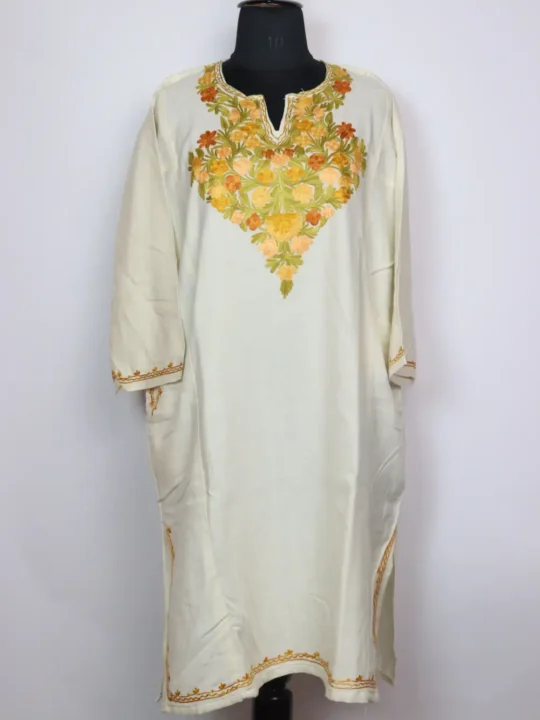 Maya White Pheran in Cashmilon Wool Embroidered with Aari
