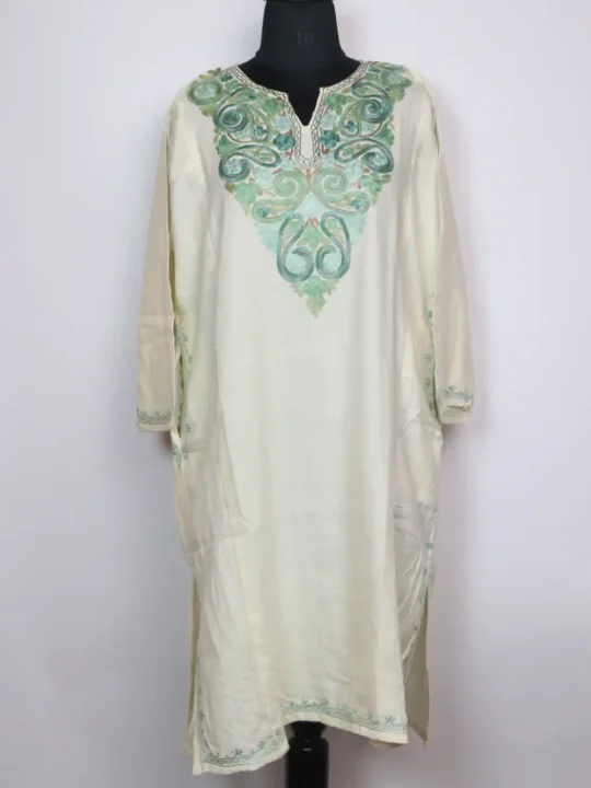 White Pheran in Cashmilon Wool Embroidered with Aari Maya