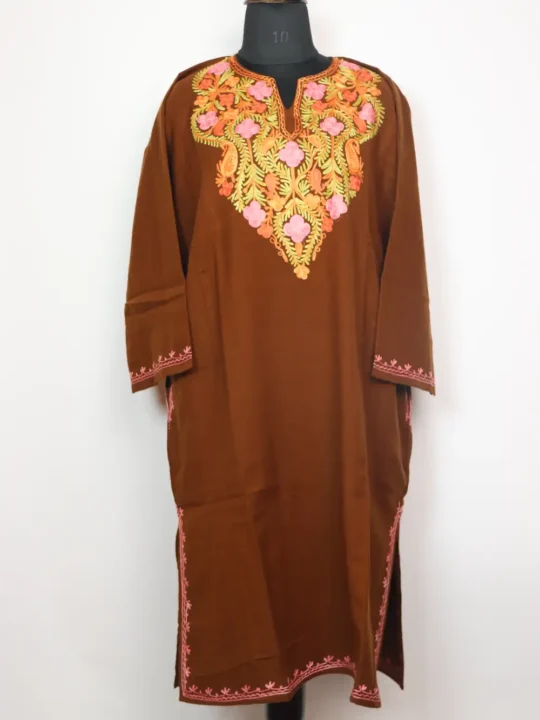 Brown Pheran with Aari Work in Cashmilon Wool Maya