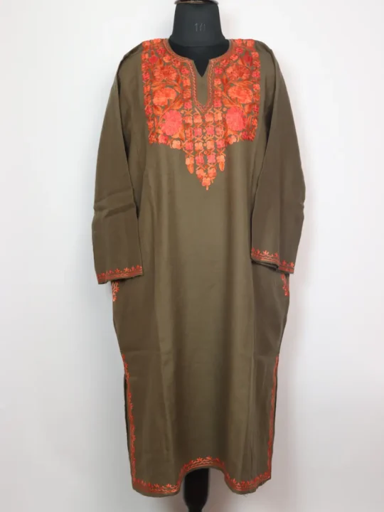 Woolen Light Brown Pheran in Cashmilon Wool with Aari Embroidery Maya