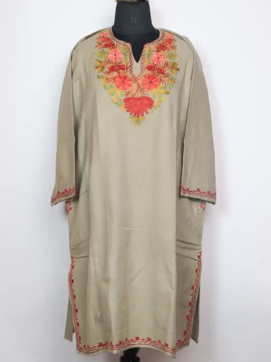 Sand Brown Woolen Pheran Maya in Cashmilon Wool with Aari Work