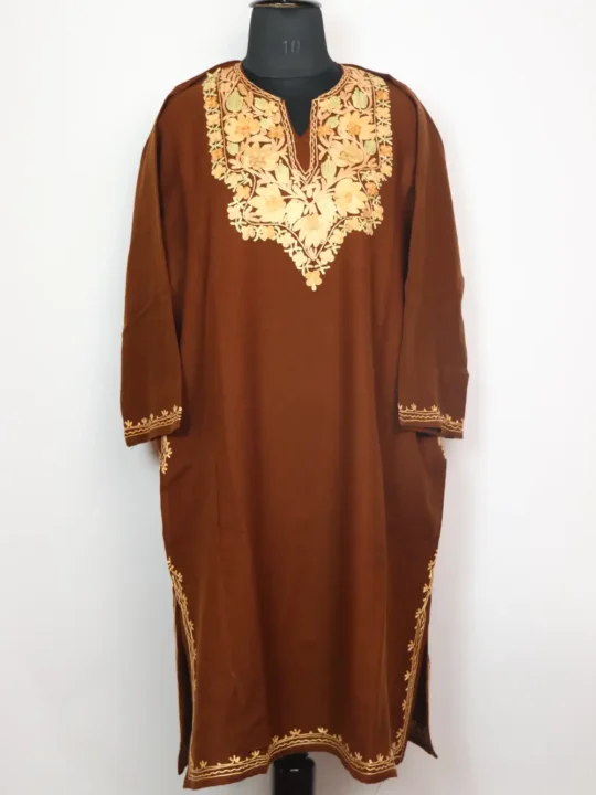 Brown Embroidered Pheran with Aari in Cashmilon Wool Maya