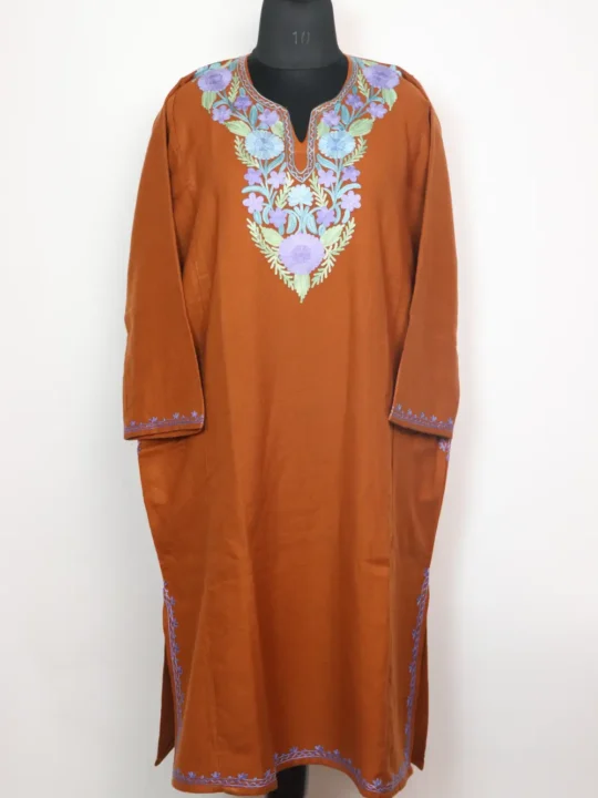 Woolen Pheran in Rust with Aari Work in Cashmilon Maya