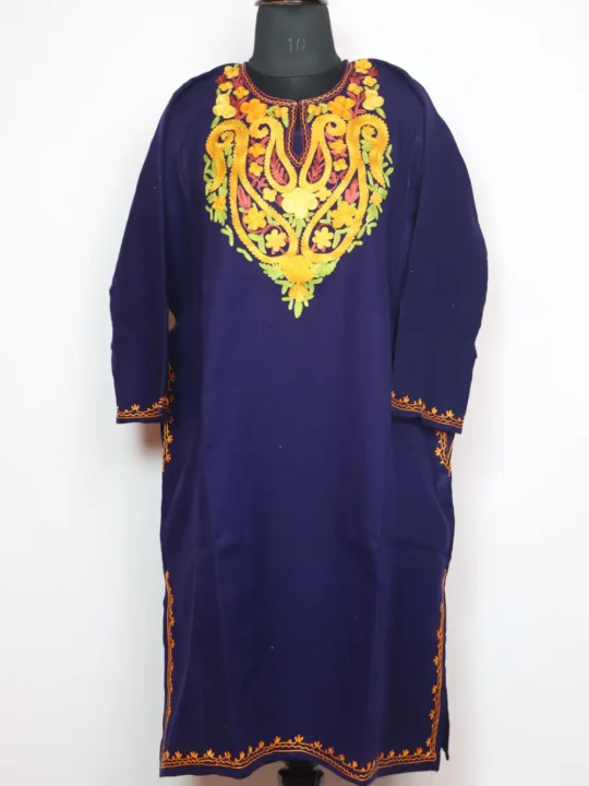 Navy Blue Cashmilon Wool Pheran with Aari Embroidery Khushboo