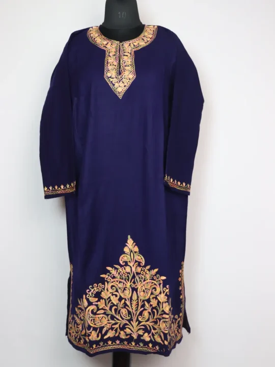 Dark Blue Woolen Fancy Pheran with Aari Embroidery in Cashmilon Mariya