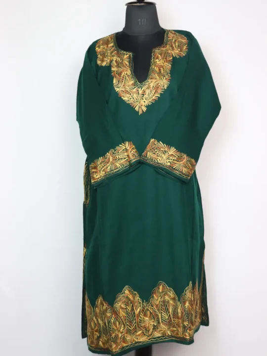 Cashmilon Dark Green Woolen Pheran Jashn-e-Rekhta with Sleeve and Border Aari Work