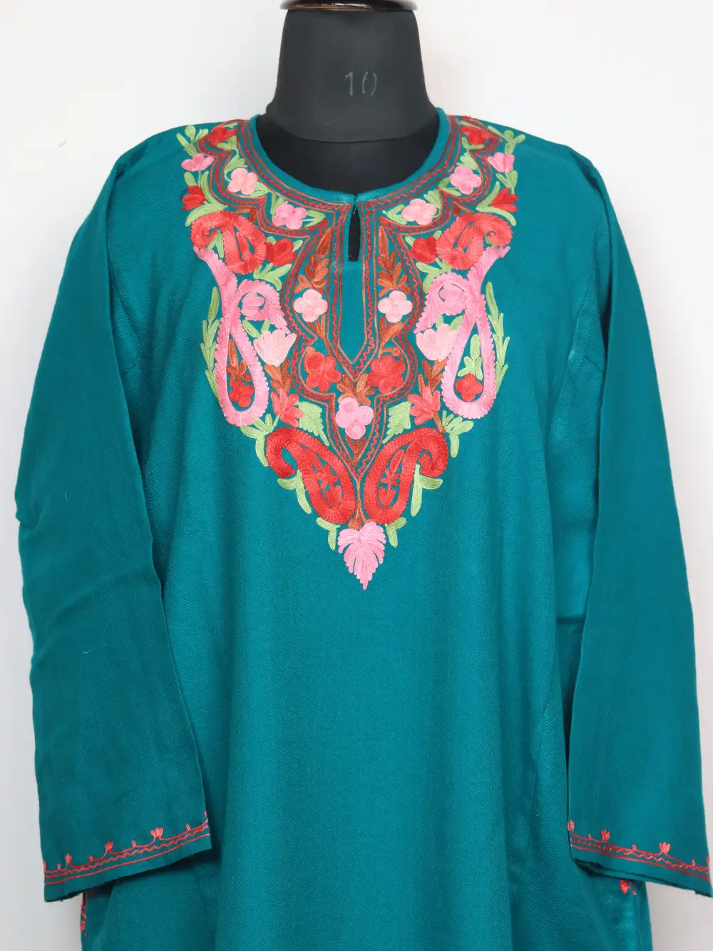 Oceanic Green Cashmilon Wool Pheran with Aari Embroidery - Image 2