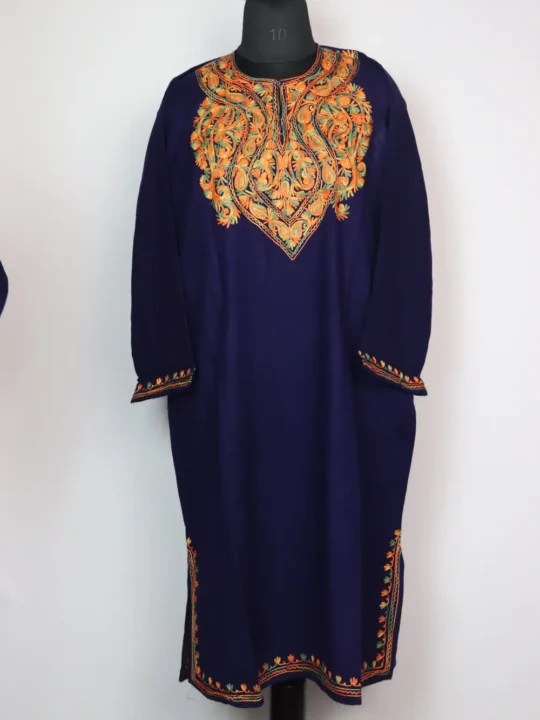 Dark Blue Pheran with Aari Embroidery in Zimah Cashmilon Wool
