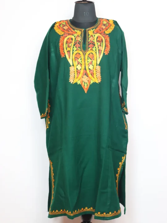 Shafaq Cashmilon Wool Dark Green Pheran with Aari Embroidery