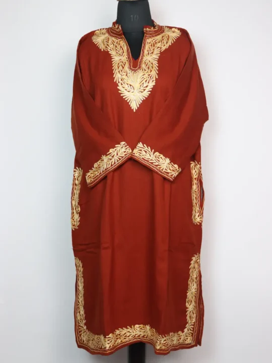 Jashn-e-Rekhta Rust Pheran with Collar in Cashmilon Wool with Sleeve and Border Aari Work