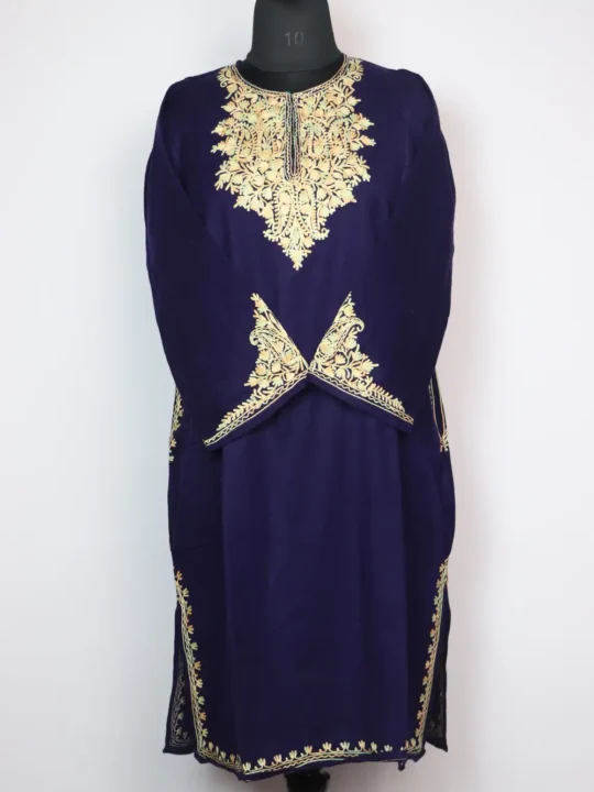 Dark Blue Woolen Afsheen Fancy Pheran with Aari Embroidery in Cashmilon