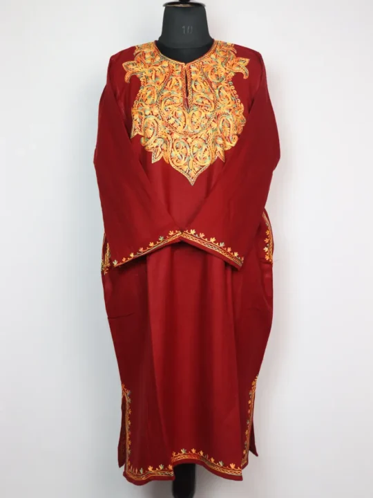 Mehr Pheran in Maroon with Aari Embroidery in Cashmilon Wool