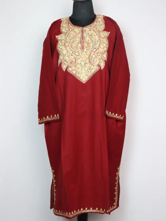 Areeshah Maroon Pheran with Aari Embroidery in Cashmilon Wool
