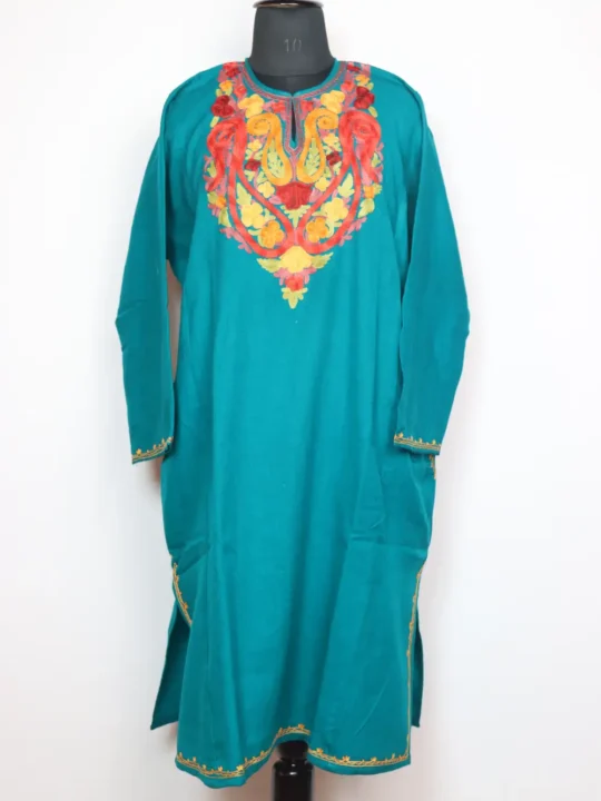 Rama Green Cashmilon Wool Pheran Silsila with Aari Embroidery