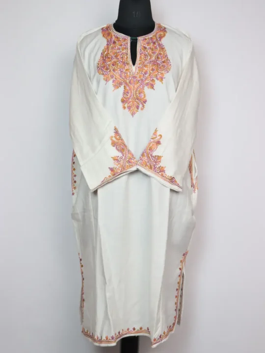 White Fancy Pheran with Aari Embroidery in Cashmilon Wool Rafiah