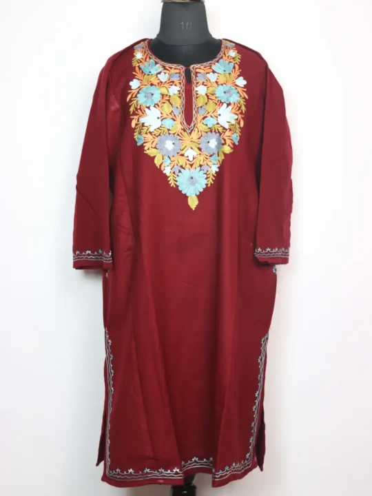 Maroon Cashmilon Wool Pheran with Aari Embroidery Jannat