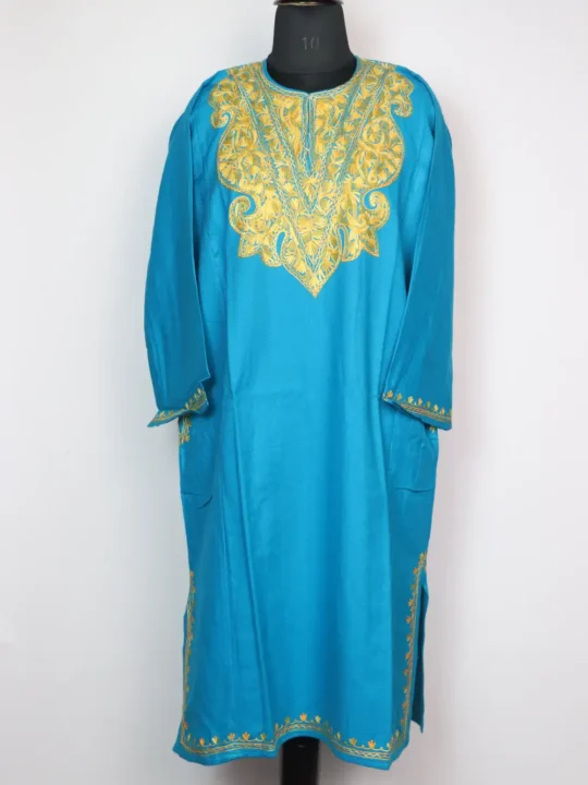 Sabeenat Blue Cashmilon Wool Pheran with Aari Embroidery