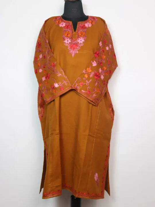 Desert Brown Cashmilon Wool Pheran with Sleeve Aari Embroidery