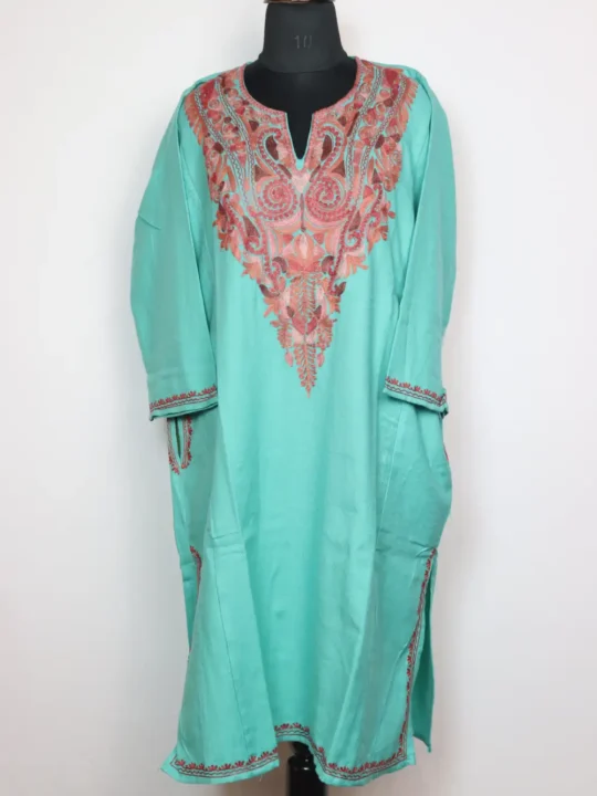 Khumar Cashmilon Wool Teal Green Pheran with Aari Embroidery