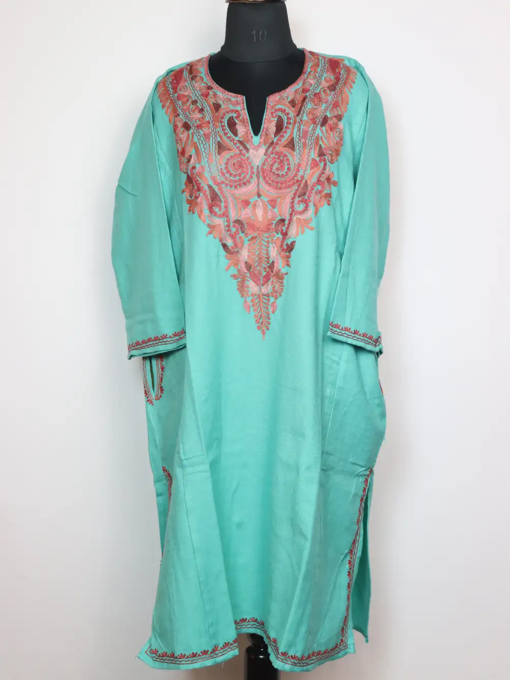 Khumar Cashmilon Wool Teal Green Pheran with Aari Embroidery