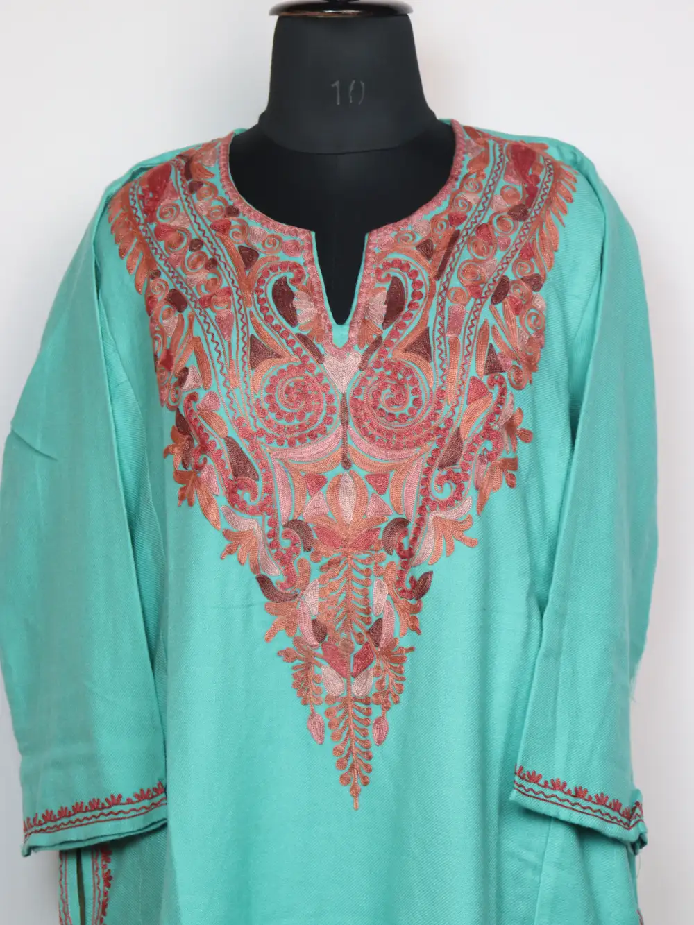 Khumar Cashmilon Wool Teal Green Pheran with Aari Embroidery - Image 2