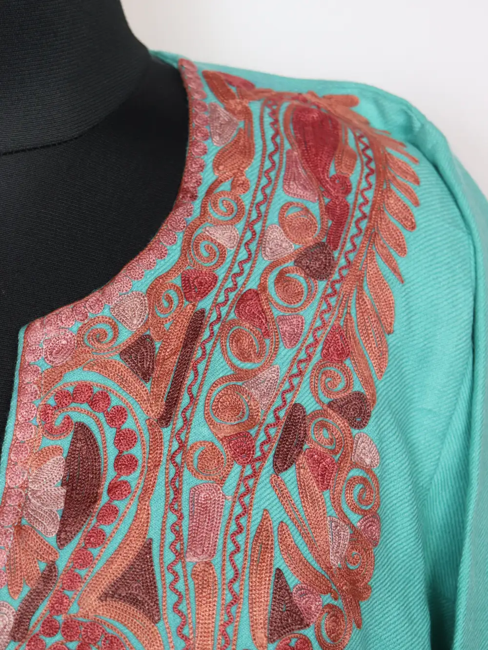 Khumar Cashmilon Wool Teal Green Pheran with Aari Embroidery - Image 3