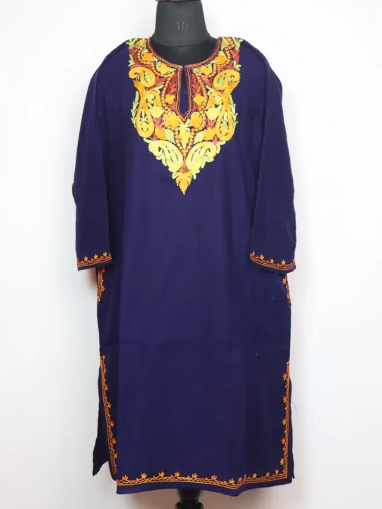 Taskeen Dark Blue Cashmilon Wool Pheran with Aari Embroidery