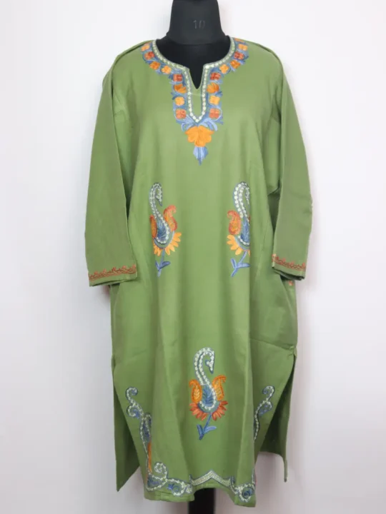 Badamwari Aari Embroidery Pastel Green Pheran in Cashmilon Wool