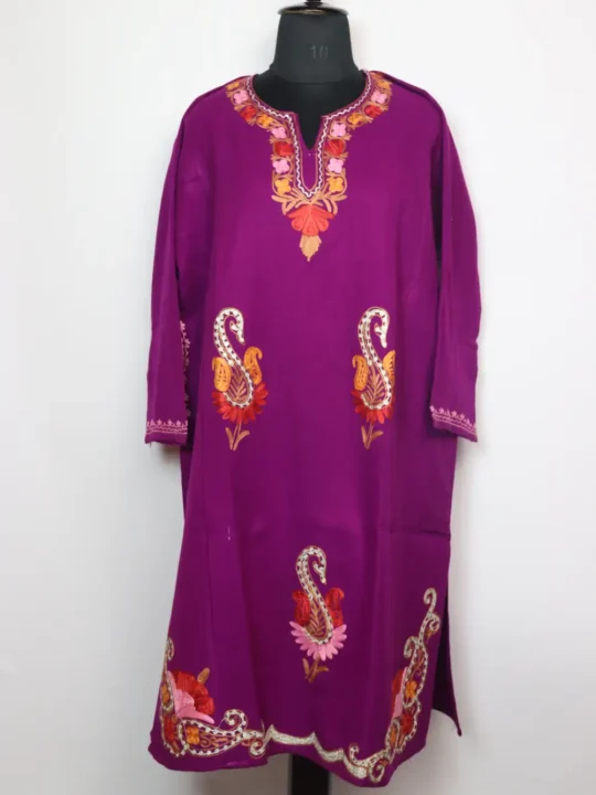 Cashmilon Wool Purple Pheran with Badamwari Booti Aari and Zari Embroidery