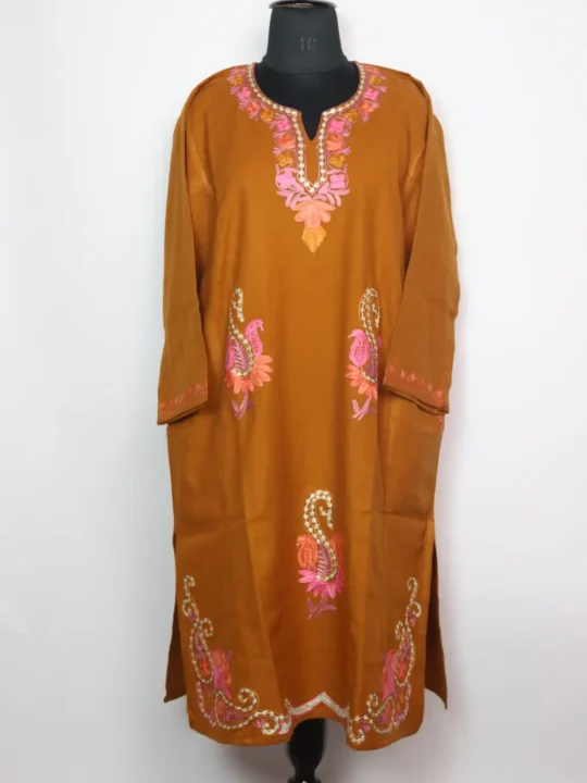 Cashmilon Wool Badamwari Mustard Pheran with Booti Aari and Zari Embroidery