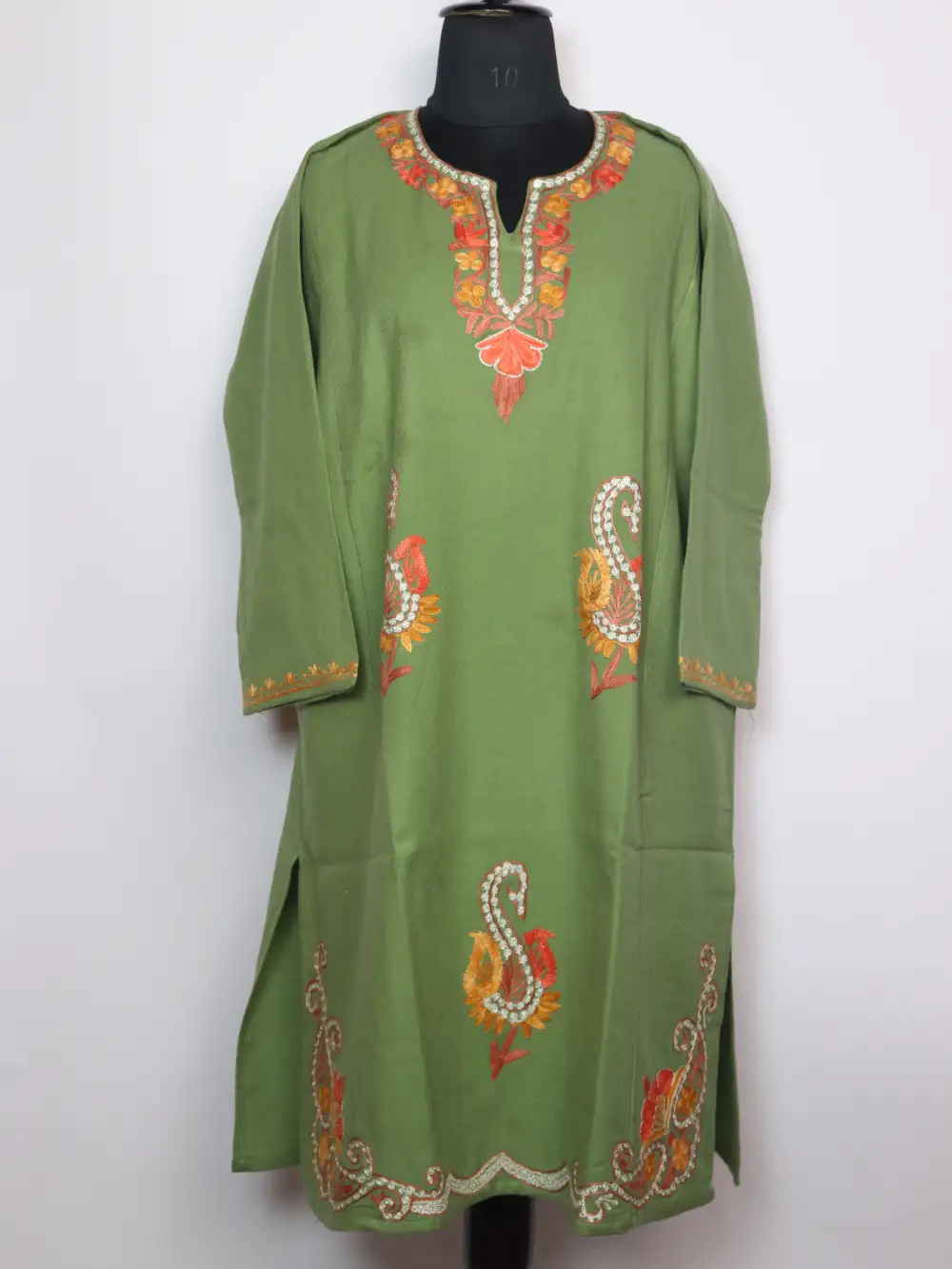 Pastel Green Cashmilon Wool Badamwari Pheran with Booti Aari and Zari Embroidery
