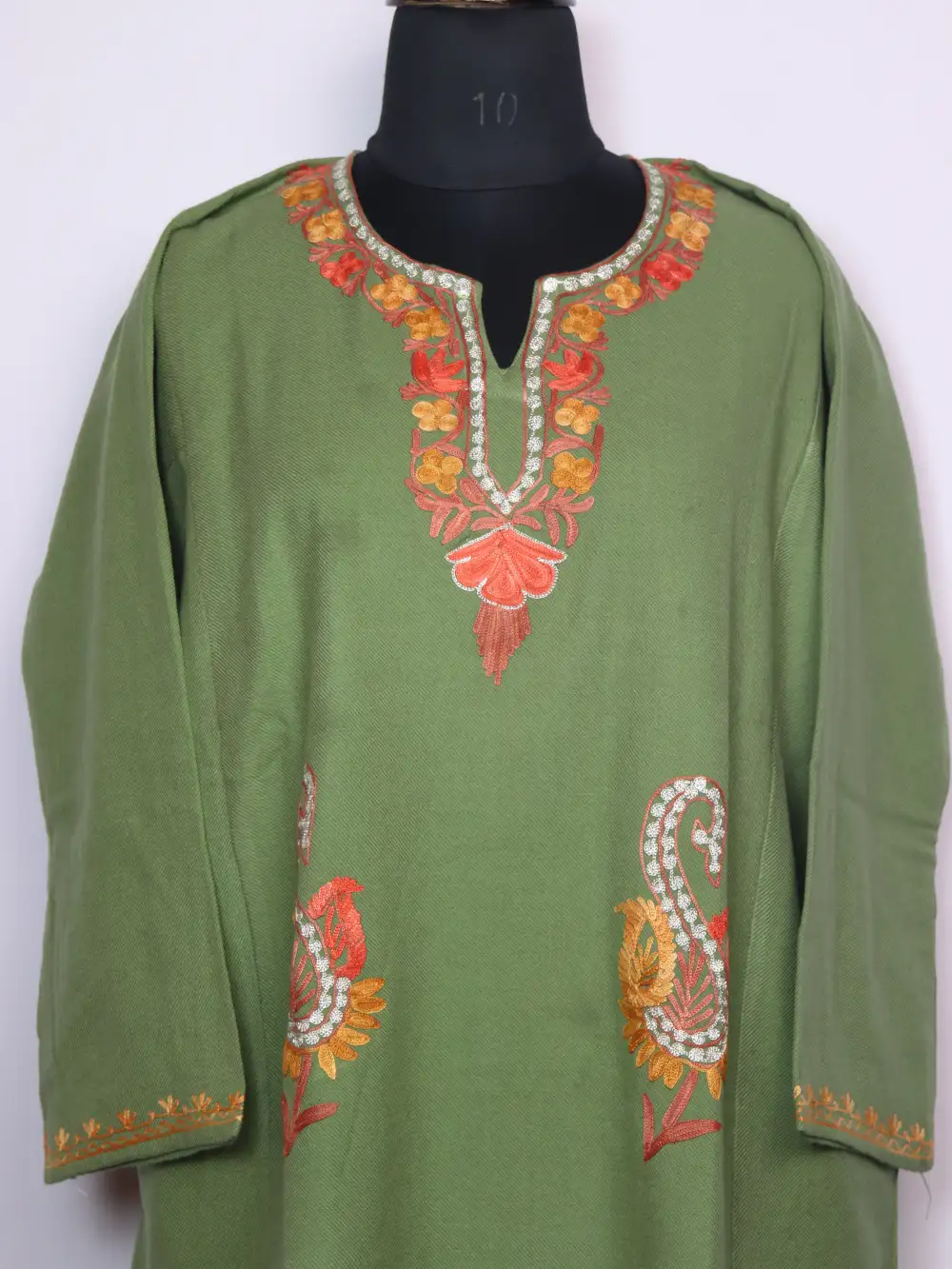 Pastel Green Cashmilon Wool Badamwari Pheran with Booti Aari and Zari Embroidery - Image 3