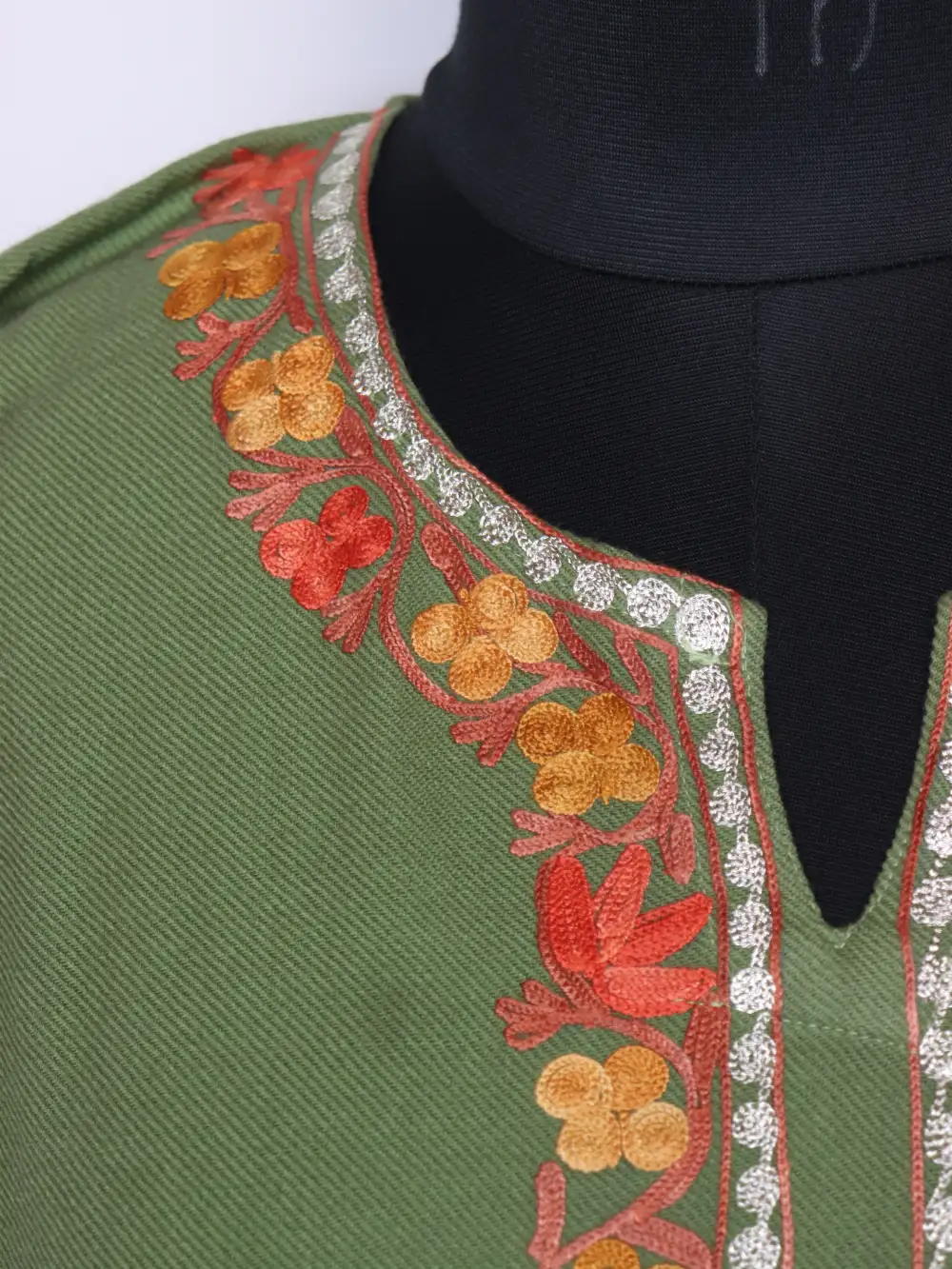 Pastel Green Cashmilon Wool Badamwari Pheran with Booti Aari and Zari Embroidery - Image 4