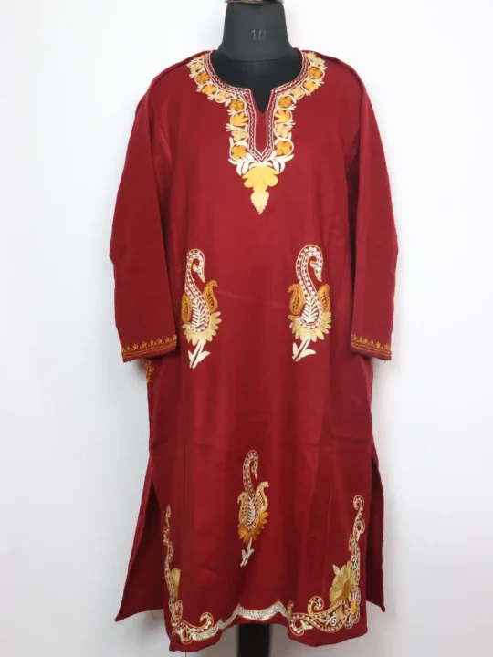 Badamwari Cashmilon Wool Maroon Pheran with Booti Aari and Zari Embroidery