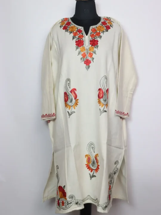 White Badamwari Cashmilon Wool Pheran with Booti Aari and Zari Embroidery
