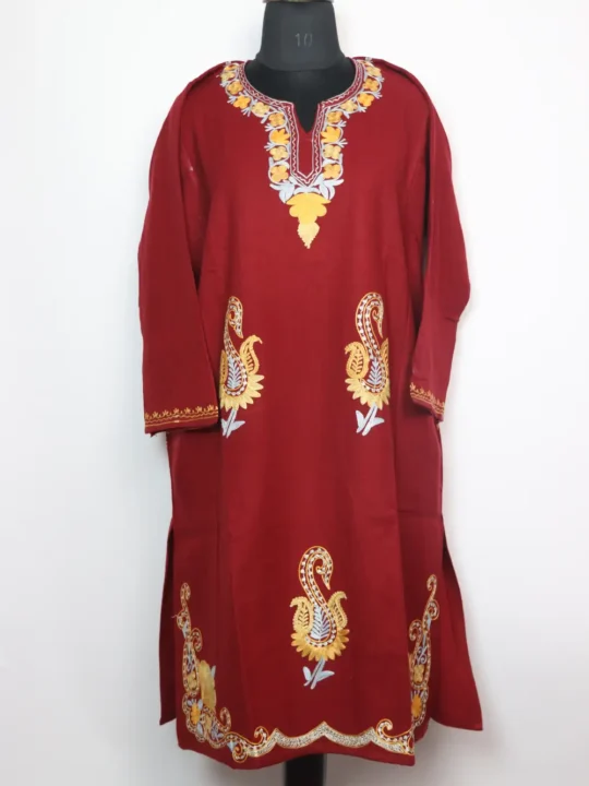 Badamwari Maroon Cashmilon Wool Pheran with Booti Aari and Zari Embroidery