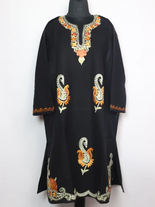 Black Cashmilon Wool Pheran with Booti Aari and Zari Embroidery Badamwari