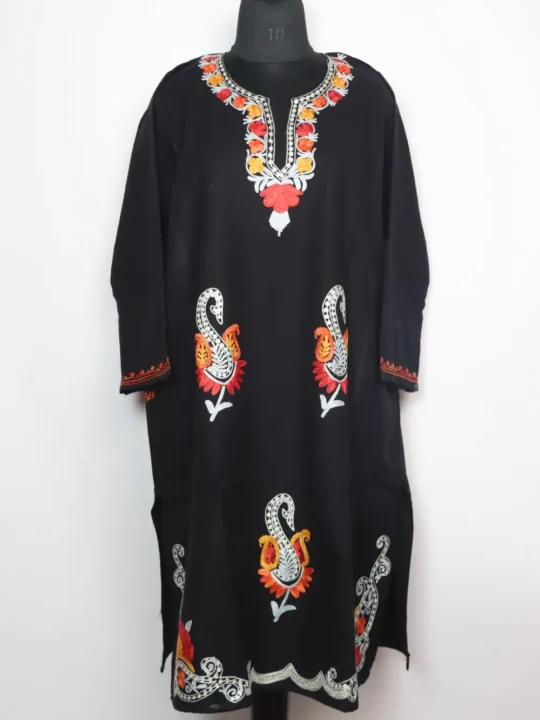 Cashmilon Wool Black Pheran with Booti Aari and Zari Embroidery Badamwari