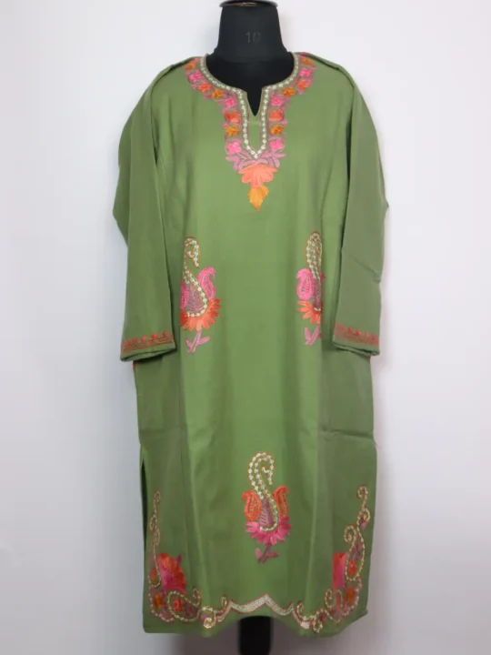 Pastel Green Cashmilon Wool Pheran with Booti Aari and Zari Embroidery Badamwari