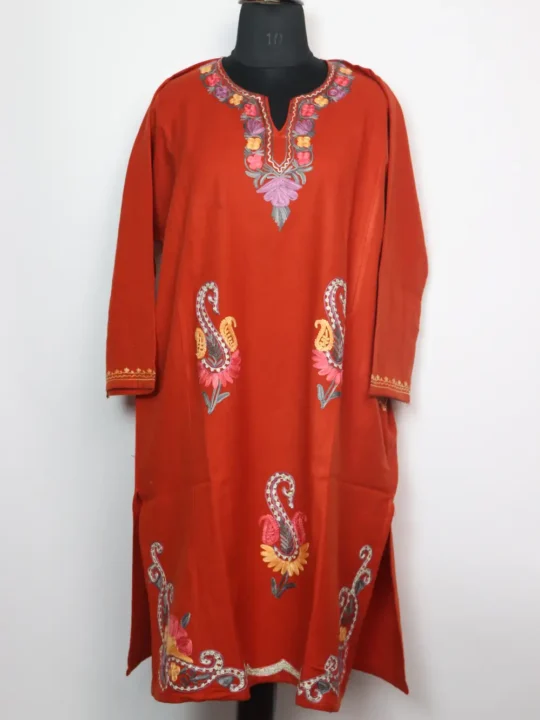 Cashmilon Wool Rust Pheran with Badamwari Booti Aari and Zari Embroidery